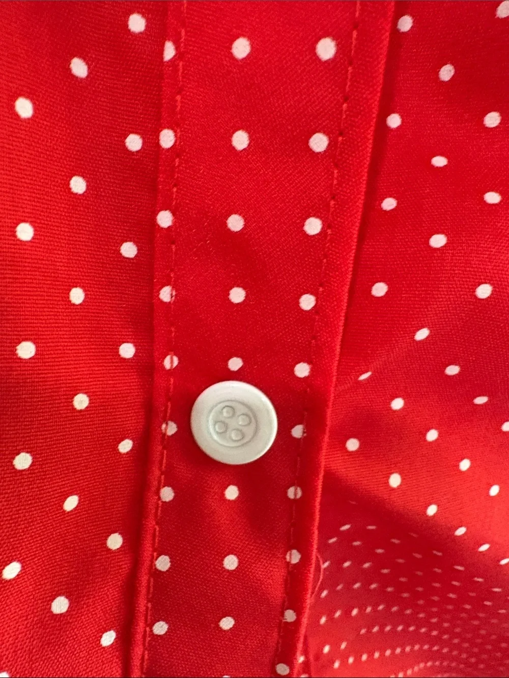 Red Polka Dot snap up house dress with Floral Embroidery pocket Med cotton blend